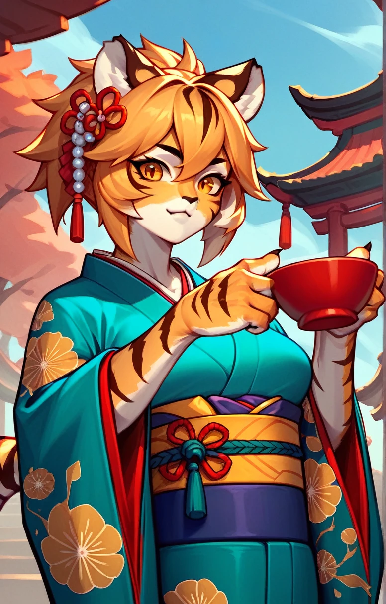 ((Tiger Girl、Sword in right hand、The left hand does not hold anything、))、(kimono,masterpiece、cute))、(A Cup)alone、kemono、Cat girl、Female furry、Background crop、humanoid cheetah、Fantasy、Japanese Style