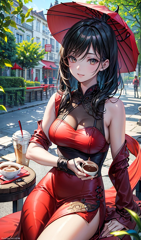 1girl,redgown,shamare,look back,legs apart,squatting,simple city background,holding coffee cup,Omertosa,cowboy shot, --auto --s2