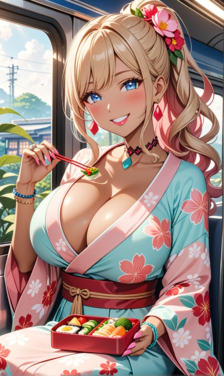 ultra-detailed, ((one girl)),  (tan skin:1.4), in pastel colors gyaru, (heavy makeup), (professional lighting) hyper detailed, absurdres, 8k, Beautiful Face, (Laugh shyly), ((teasing smile:1.6)), ((happy smile:1.5)),  ((Wink:1.6)), (Laugh with your mouth wide open),((Tilt your face:1.6)), View your viewers, ((Bright red cheeks:1.6)),Glossy shocking pink lips, ((huge breasts:1.6)),  ((undressing)), noon, summer, on the train, Anime style background)),masterpiece, Highest quality, (Brighten your face), so beautiful,Latest, Complex details, ((fluorescent pink long nail:1.2)), (ring),((bracelet)), ((Floral choker)),AI-generated, Complex,High resolution, Highest quality, super high quality,3D Images、3D Images,One person, Blonde long hair ,(High Ponytail), (wavy hair:1.4), Anime woman posing for a photo, ((Fine grain、blue eyes、glowing eyes:1.3)), (Squint your eyes:1.1),a hyperRealistic , hyperRealistic , Realistic,Long blonde anime woman, Smooth anime CG art, A girl in a gorgeous pastel-colored kimono, ((Pastel-colored furisode)),(Pink large floral pattern),  (sideboob), Long flower hair ornament,Big earrings, Mature Body, tall,Narrow waist, portrait, (Sit in your seat), (learning forward:1.0), (Eating a makunouchi bento:1.2),