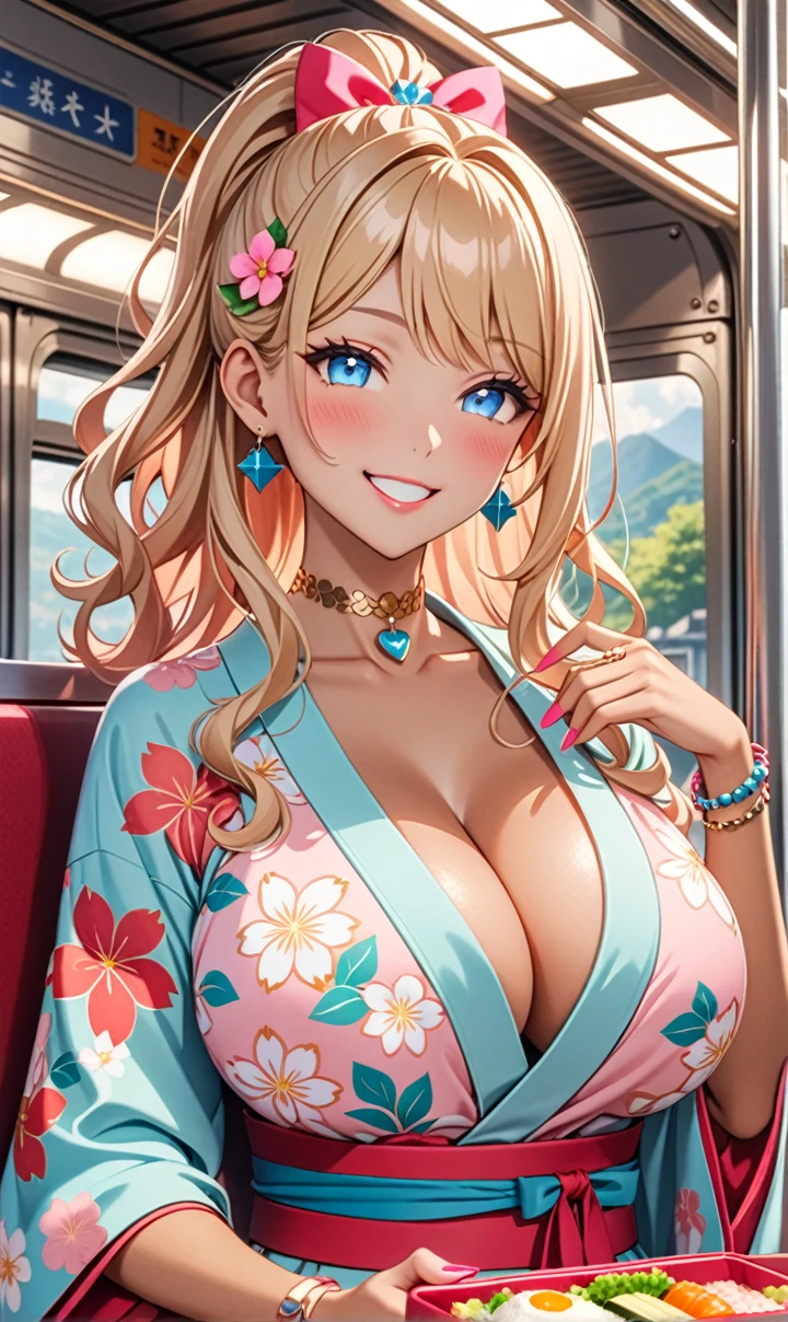 ultra-detailed, ((one girl)),  (tan skin:1.4), in pastel colors gyaru, (heavy makeup), (professional lighting) hyper detailed, absurdres, 8k, Beautiful Face, (Laugh shyly), ((teasing smile:1.6)), ((happy smile:1.5)),  ((Wink:1.6)), (Laugh with your mouth wide open),((Tilt your face:1.6)), View your viewers, ((Bright red cheeks:1.6)),Glossy shocking pink lips, ((huge breasts:1.6)),  ((undressing)), noon, summer, on the train, Anime style background)),masterpiece, Highest quality, (Brighten your face), so beautiful,Latest, Complex details, ((fluorescent pink long nail:1.2)), (ring),((bracelet)), ((Floral choker)),AI-generated, Complex,High resolution, Highest quality, super high quality,3D Images、3D Images,One person, Blonde long hair ,(High Ponytail), (wavy hair:1.4), Anime woman posing for a photo, ((Fine grain、blue eyes、glowing eyes:1.3)), (Squint your eyes:1.1),a hyperRealistic , hyperRealistic , Realistic,Long blonde anime woman, Smooth anime CG art, A girl in a gorgeous pastel-colored kimono, ((Pastel-colored furisode)),(Pink large floral pattern),  (sideboob), Long flower hair ornament,Big earrings, Mature Body, tall,Narrow waist, portrait, (Sit in your seat), (learning forward:1.0), (Eating a makunouchi bento:1.2),