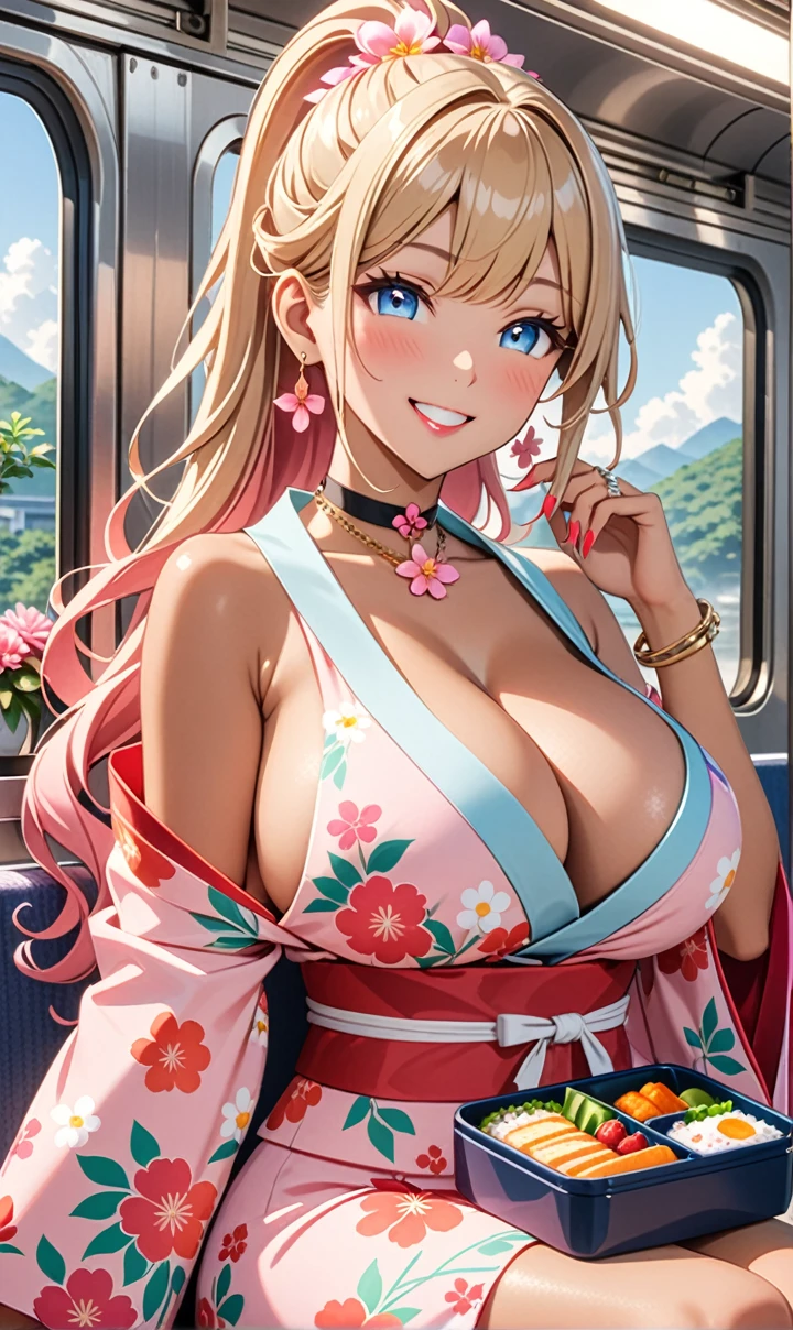 ultra-detailed, ((one girl)),  (tan skin:1.4), in pastel colors gyaru, (heavy makeup), (professional lighting) hyper detailed, absurdres, 8k, Beautiful Face, (Laugh shyly), ((teasing smile:1.6)), ((happy smile:1.5)),  ((Wink:1.6)), (Laugh with your mouth wide open),((Tilt your face:1.6)), View your viewers, ((Bright red cheeks:1.6)),Glossy shocking pink lips, ((huge breasts:1.6)),  ((undressing)), noon, summer, on the train, Anime style background)),masterpiece, Highest quality, (Brighten your face), so beautiful,Latest, Complex details, ((fluorescent pink long nail:1.2)), (ring),((bracelet)), ((Floral choker)),AI-generated, Complex,High resolution, Highest quality, super high quality,3D Images、3D Images,One person, Blonde long hair ,(High Ponytail), (wavy hair:1.4), Anime woman posing for a photo, ((Fine grain、blue eyes、glowing eyes:1.3)), (Squint your eyes:1.1),a hyperRealistic , hyperRealistic , Realistic,Long blonde anime woman, Smooth anime CG art, A girl in a gorgeous pastel-colored kimono, ((Pastel-colored furisode)),(Pink large floral pattern),  (sideboob), Long flower hair ornament,Big earrings, Mature Body, tall,Narrow waist, portrait, (Sit in your seat), (learning forward:1.0), (Eating a makunouchi bento:1.2),