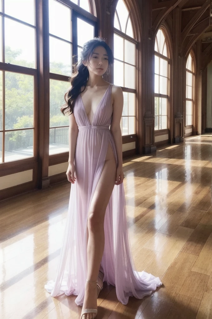 live-action、4K、Beautiful women in their 30s。Transparent long dress in lavender crystal material。Sleeveless。Ample breasts。Her hair was tied up in a bun、It is slung over the shoulder。Walking gracefully in the gentle breeze。She has droopy eyes and slightly plump cheeks.。Inside the large room of the Crystal Palace、The walls and floors are made of crystal。The light reflects off the floor、The overall contrast is flat.。