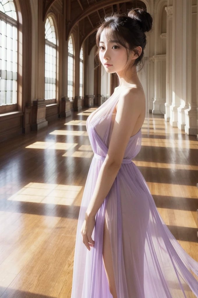 Realistic photos of a beautiful 28 year old woman。Light purple crystal dress。Transparent dress。In a glass-walled room。