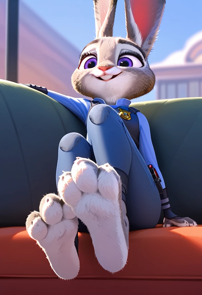 Solo, score_9,score_8_up score_7_up, anthro, female, Judy Hopps, rabbit, smiling, sitting on couch, laying down, close up, three toes, 3 toes, feet, rabbit paws, rabbit feet, fluffy feet, (focus on feet:1.2), cute paws, furry paws, (sfw:1.2), cute, extreme low angle shot,