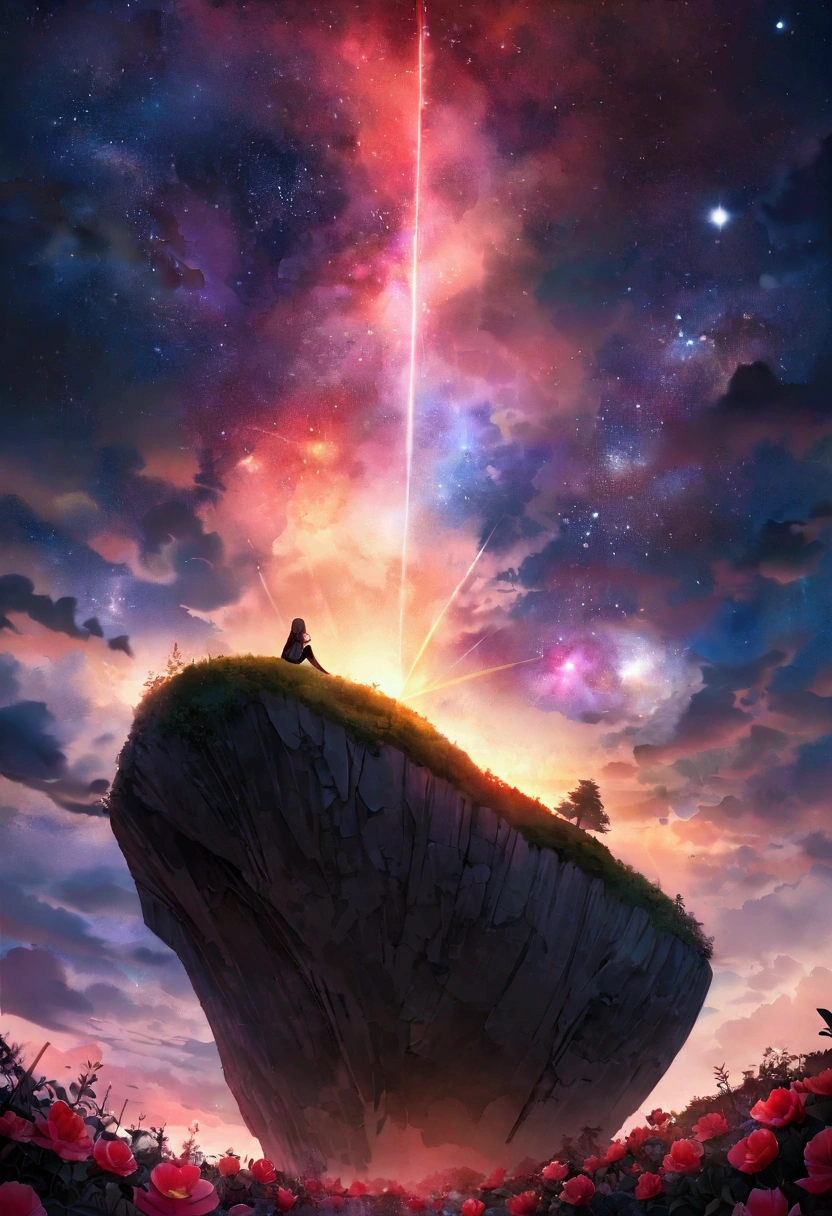 Fire Energy,Temporal and spatial dimensions，god々Finally, the ant branch was wiped out.，She is truly eternal，Ending the Domination of Everything，There is no such thing as a perfect concept， High-level virtual dream，The laws of the universe are wonderful，Beyond，Beyond次元，The Rise of Yin and Yang, At the bottom of the eternal abyss，He is the true king，全てをBeyondする崇高なgod性，A true master of the 10,000 Ways,close, Vast landscape photography , (A view from below, with the sky above and the wide fields below), Little realistic 9  blonde girl in long sweatshirt and yellow scarf sitting on a trunk in a red peony flower field looking up, ( comet:0.9), (nebula:1.2), Remote Marsh, Tree of Life, BREAK Production Art, (Warm light source:1.2), lamp, lots of purple and red, Intricate details, Volumetric lighting, Realism BREAK (masterpiece:1.2), (Highest quality), 4K, Super detailed, (Dynamic configuration:1.3), Very detailed, (Shining Lights, Atmospheric lighting), dream-like, Magic, (alone:1.2), Magic beautiful waterfall