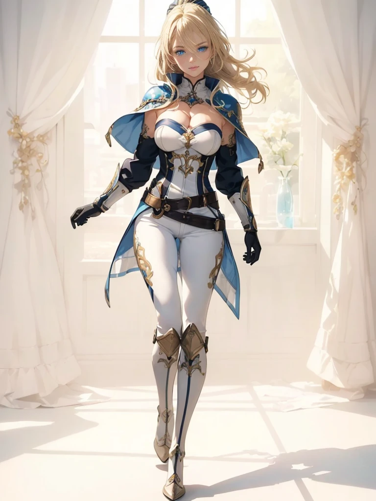((1girl, solo)), ((mature female)), full body, standing, cowboy shot, beautiful body, (perfect anatomy, perfect body, perfect hands, perfect legs), nice hands, natural proportions, sexy body, (large breasts:1.3) BREAK 

((extremely detailed face)), blue eyes, (beautiful detailed eyes:1.6), (realistic pupils, realistic iris:1), expressive eyes, ((looking at viewer)), (clear eyes:1.3), (hyperrealistic:1.2), (detailed skin texture:1.2), smooth skin, (blonde hair:1.5), very long hair, high ponytail, (detailed lips:1.2), (attractive lips:1.1), (glossy lips:1.1), smile, perfect face, perfect eyes BREAK

female knight, ((strapless shirt)), (((white shirt))), ((cleavage)), ((blue capelet)), (elbow gloves), (((white pants))), (skin tight:1.5), (belt), ((blue tailcoat)), knee-high boots, high heels, thigh gap BREAK

(masterpiece:1.5), anime-style, top quality, best quality, (beautiful and aesthetic:1.2), (ultra detail:1.5), Ultra-detailed depiction, Ultra-precise depiction, extremely detailed 8k illustration, high resolution, (highly detailed shading:1.2), (realistic lighting:1.4), perfect lighting, vibrant colors, dynamic tones, striking hues, 8k, absurd resolution, perfect shadows, hdr, UHD, ambient lighting, realistic, ultra-realistic, photo realistic, highly detailed, rich detail, luminous colors, fine texture, intricate design, professional illustration, (soft light:1.2), (illustration:0.7)
