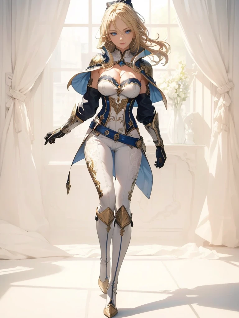 ((1girl, solo)), ((mature female)), full body, standing, cowboy shot, beautiful body, (perfect anatomy, perfect body, perfect hands, perfect legs), nice hands, natural proportions, sexy body, (large breasts:1.3) BREAK
((extremely detailed face)), blue eyes, (beautiful detailed eyes:1.6), (realistic pupils, realistic iris:1), expressive eyes, ((looking at viewer)), (clear eyes:1.3), (hyperrealistic:1.2), (detailed skin texture:1.2), smooth skin, (blonde hair:1.5), very long hair, high ponytail, (detailed lips:1.2), (attractive lips:1.1), (glossy lips:1.1), smile, perfect face, perfect eyes BREAK
female knight, ((strapless shirt)), (((white shirt))), ((cleavage)), ((blue capelet)), (elbow gloves), (((white pants))), (skin tight:1.5), (belt), ((blue tailcoat)), knee-high boots, high heels, thigh gap BREAK
(masterpiece:1.5), anime-style, top quality, best quality, (beautiful and aesthetic:1.2), (ultra detail:1.5), Ultra-detailed depiction, Ultra-precise depiction, extremely detailed 8k illustration, high resolution, (highly detailed shading:1.2), (realistic lighting:1.4), perfect lighting, vibrant colors, dynamic tones, striking hues, 8k, absurd resolution, perfect shadows, hdr, UHD, ambient lighting, realistic, ultra-realistic, photo realistic, highly detailed, rich detail, luminous colors, fine texture, intricate design, professional illustration, (soft light:1.2), (illustration:0.7)
