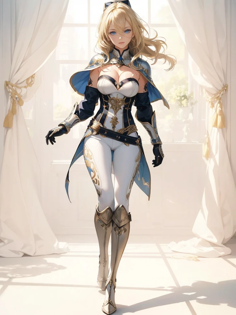 ((1girl, solo)), ((mature female)), full body, standing, cowboy shot, beautiful body, (perfect anatomy, perfect body, perfect hands, perfect legs), nice hands, natural proportions, sexy body, (large breasts:1.3) BREAK
((extremely detailed face)), blue eyes, (beautiful detailed eyes:1.6), (realistic pupils, realistic iris:1), expressive eyes, ((looking at viewer)), (clear eyes:1.3), (hyperrealistic:1.2), (detailed skin texture:1.2), smooth skin, (blonde hair:1.5), very long hair, high ponytail, (detailed lips:1.2), (attractive lips:1.1), (glossy lips:1.1), smile, perfect face, perfect eyes BREAK
female knight, ((strapless shirt)), (((white shirt))), ((cleavage)), ((blue capelet)), (elbow gloves), (((white pants))), (skin tight:1.5), (belt), ((blue tailcoat)), knee-high boots, high heels, thigh gap BREAK
(masterpiece:1.5), anime-style, top quality, best quality, (beautiful and aesthetic:1.2), (ultra detail:1.5), Ultra-detailed depiction, Ultra-precise depiction, extremely detailed 8k illustration, high resolution, (highly detailed shading:1.2), (realistic lighting:1.4), perfect lighting, vibrant colors, dynamic tones, striking hues, 8k, absurd resolution, perfect shadows, hdr, UHD, ambient lighting, realistic, ultra-realistic, photo realistic, highly detailed, rich detail, luminous colors, fine texture, intricate design, professional illustration, (soft light:1.2), (illustration:0.7)