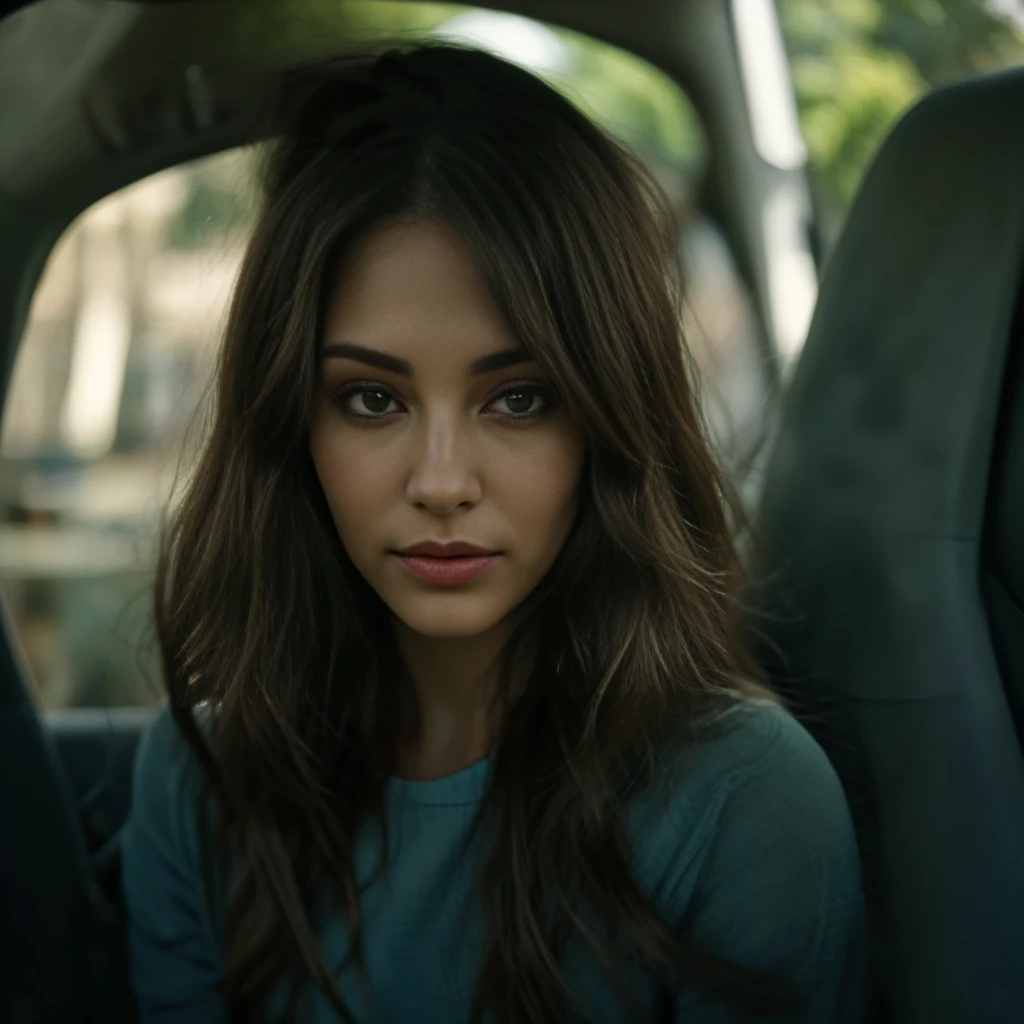 Her skin has a smooth and clear complexion, ranging approximately 70% fair to 30% olive tones. High cheekbones grace her face, creating a distinctive contour. Her nose is about 60% straight with a 40% gently aquiline shape, framing full lips that exude natural allure. Her almond-shaped eyes are predominantly 70% colored in shades of blue, green, or brown. Cascading hair, either straight or softly wavy, flows in shades ranging 50% from blonde to 50% dark brown, occasionally highlighted to enhance its natural vibrancy. in car