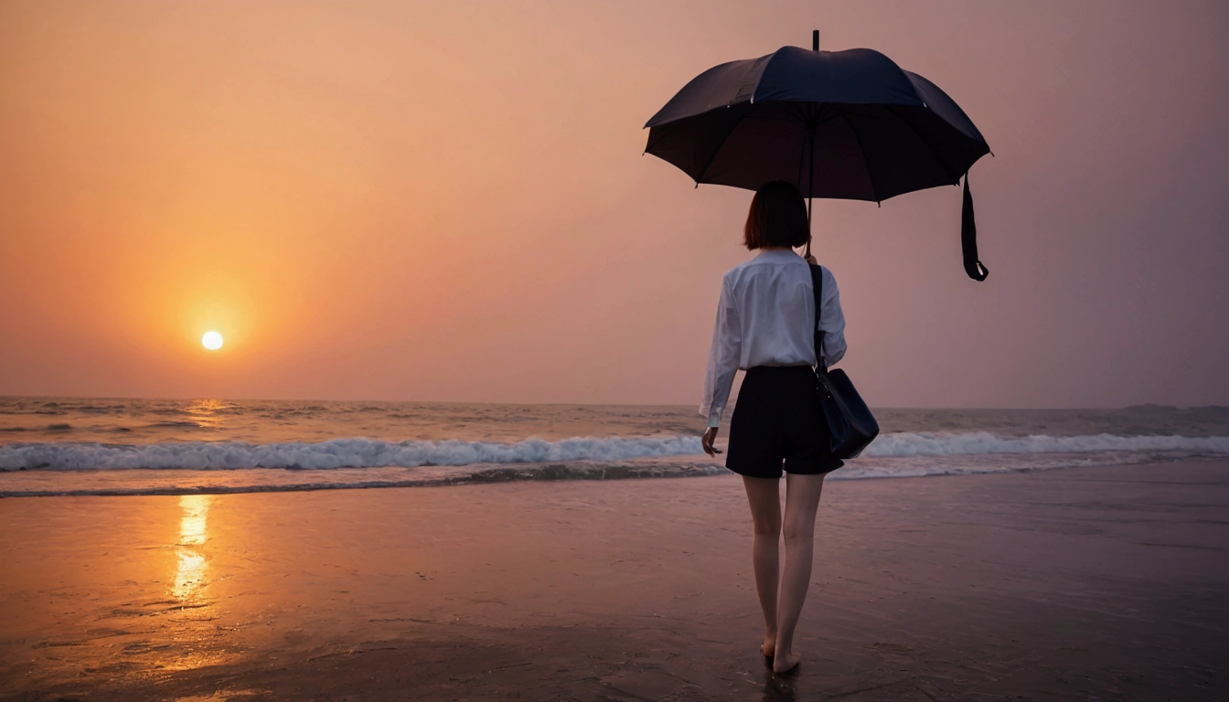 8k, Vivid picture quality, Vivid picture quality, long deserted beach, walking slowly from afar, short medium hair, beautiful appearance, Model-like body, sunset의 붉은 빛, sunset, alone, afternoon, depressed, tide가 밀려온다, rain, black umbrella, ocean, tide, wind, Short and slim Korean woman, tower, White shorts, tower을 입고 검정색 반바지 입고, The strong red light of the setting sun, black umbrella