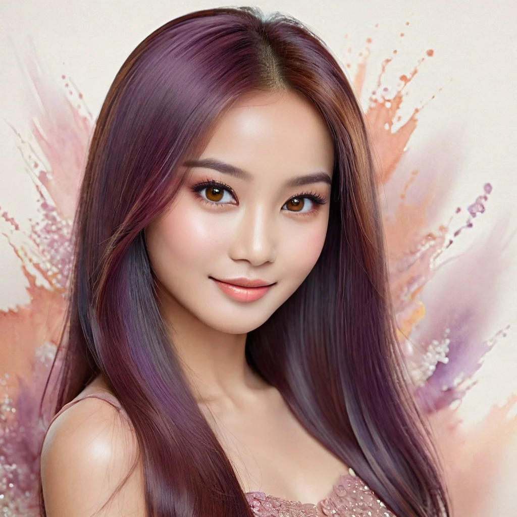 masterpiece, realistic, highly detailed, beautiful, a cute young indonesian woman, sleek straight hair, purpled salmon haircolor, light makeup, brown eyes. detailed on the face and eye. elegant pose. charming and calming look. smiling slightly. blurred intricate abstract background.