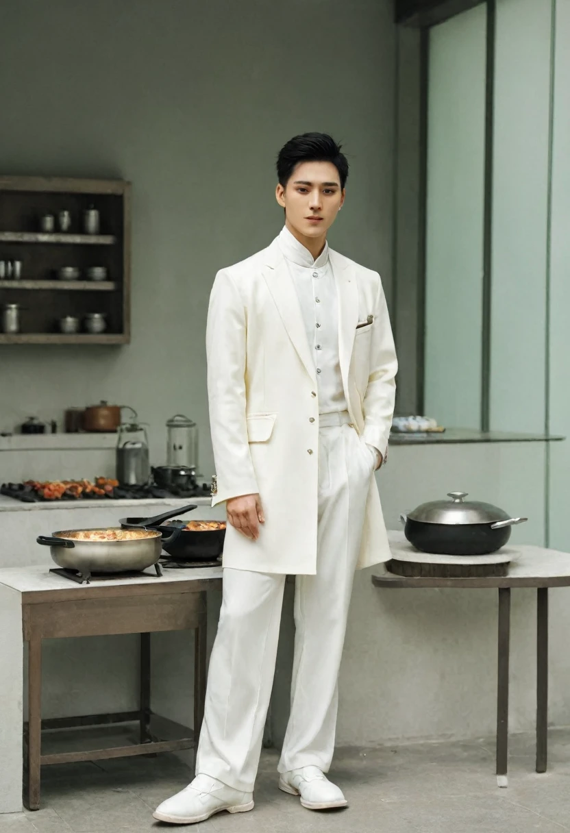 (Male character design),(whole body),(Melancholic Chinese handsome guy Pan An is cooking),(Pan An wears modern and stylish white suit pants),(Pan An's skin was fair and flawless),His nose is very high and straight,(Very long, long, long, Messy shoulder-length hair:1.1),(Double eyelids, clear and bright eyes),Sad Prince,Red lips and white teeth,Gentle Melancholy,Pan An is tall and tall.,He has a strong physique,Muscle firming,Fresh and firm abdominal muscles, His delicate facial features,Kingly demeanor,Noble temperament,Inspired by Chinese actor Hu Ge,black and white,Chinese Ink Painting,black and white插画,Surrealism,HD,