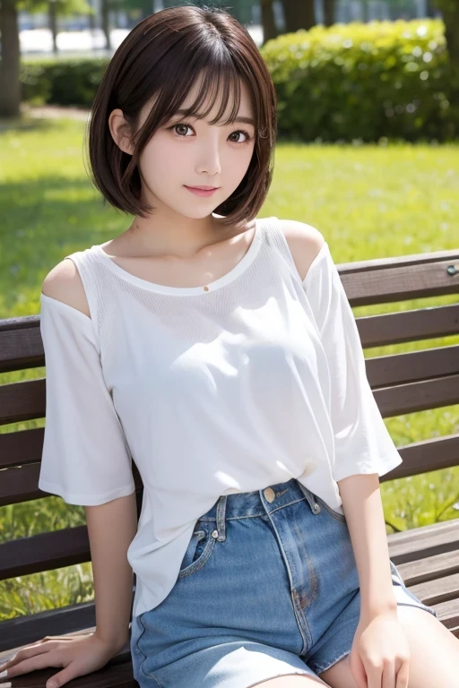 Produce the highest quality and highest resolution 8K images。Please draw the upper body of a 20 year old Japanese woman.。Please draw an image of someone sitting on a park bench looking up at the sky.。She has brown eyes and a model figure.、She has an idol-level cute face.。Her hair is in a bun.。Clothes、I'm wearing a short-sleeved shirt。The skin is、It is a natural skin color。