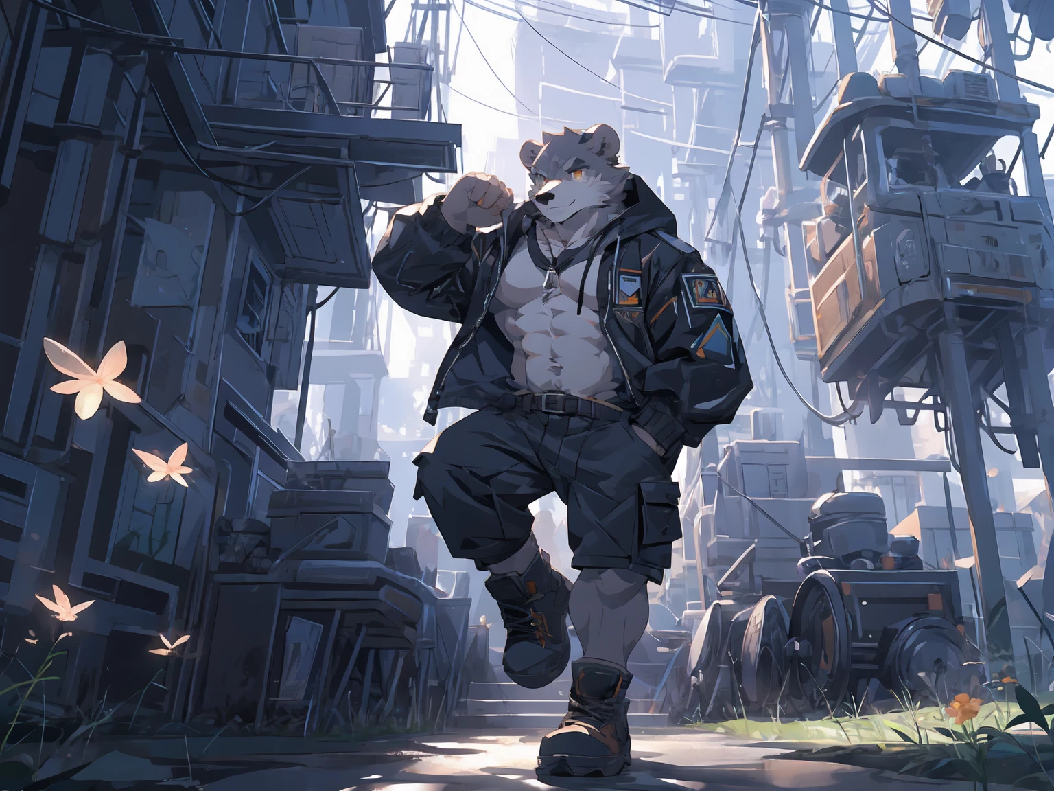 (masterpiece:1.2), best quality,pixiv,official art,perfect anatomy, (Ray tracing, light),solo, (1_male:1.3) , (muscle), (grey fur:1.4), (muscle bear),(abdominal muscles),(beard:1.2), (gleaming golden eyes), bear tail, full body, Thick black eyebrows, (open short hoodie), (naked inside),cargo shorts, black short boots, (windy), strong wind, strong breeze, white sundress, flying dandelion, zb spring, zhiyu, from above, floating in the air, leg up