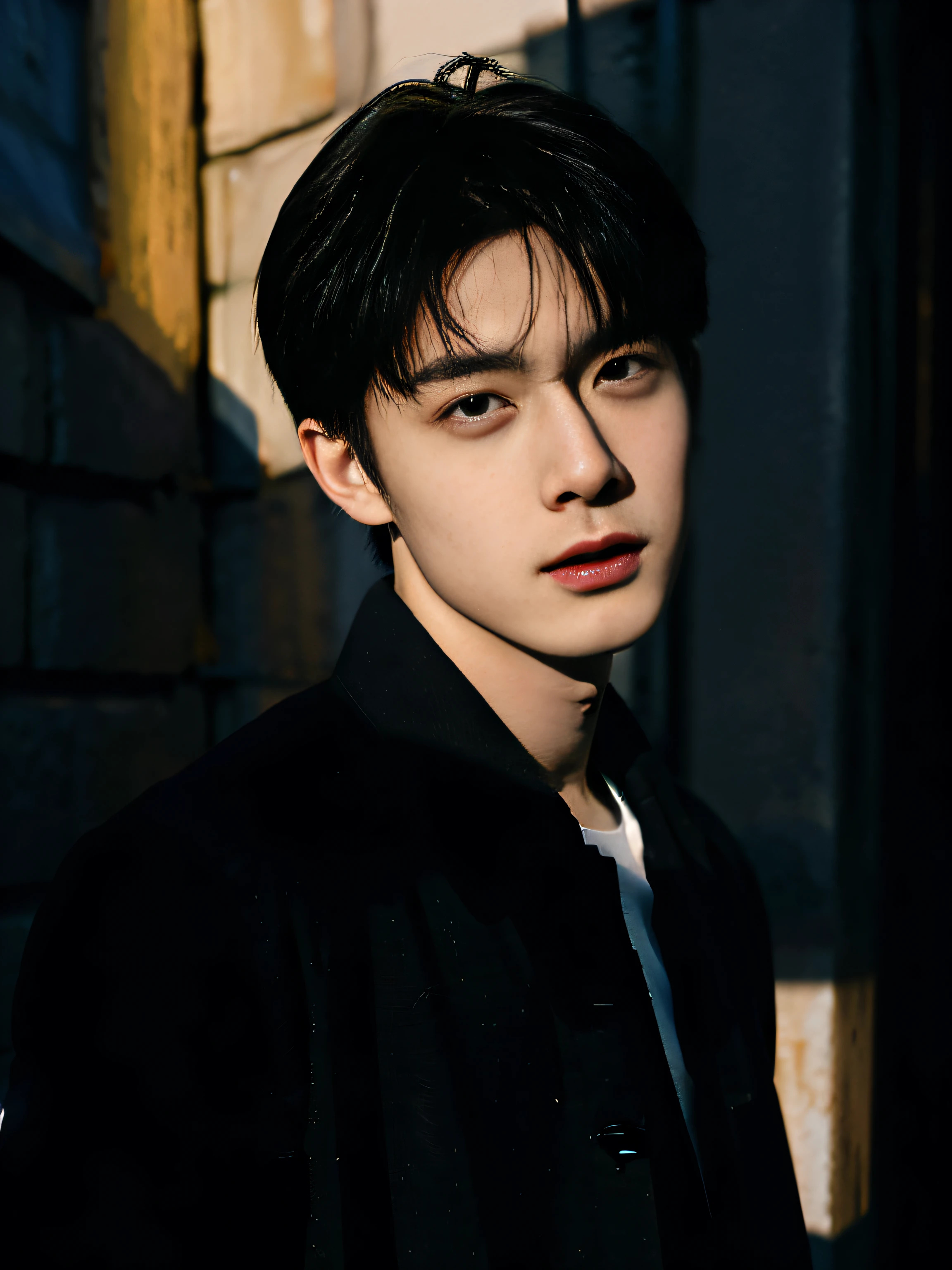 ，tmasterpiece，Ultra-high resolution，（Reality：1.4），RAW photos，Bust photo，1 boy，In the darkness of the night，Depth shadows，low pitch，cold light，Incredibly handsome，the detail，18yr old，Emotionally rich，The face is clear，black shirt，facelight，rays of sunshine，street in the afternoon，Colored bubbles