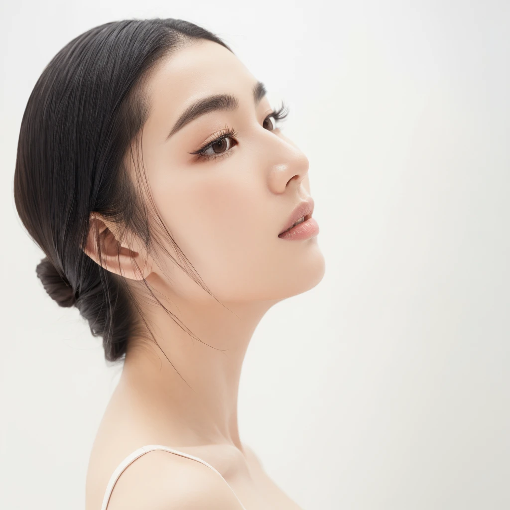 Professional studio portrait of an Asian female lash salon model, left side profile (90 degrees), striking eyebrows and long eyelashes, white background, high-key lighting, beauty photography, detailed facial features, sharp focus, dramatic eye makeup, bold lipstick, flawless skin
