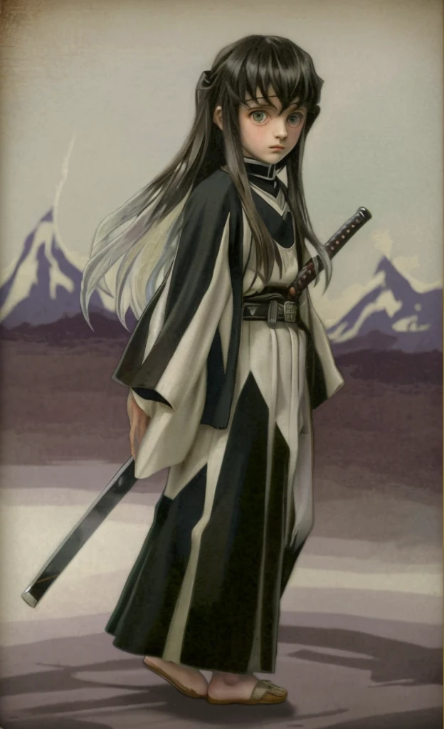 surrealistic, 8k, realistic photo, detail, 1912s,  youth, beautiful eyes, sword at waist, beautiful boy with long hair, swordsman, old portrait photo from 1912s, Demon Slayer, Muitiro Tokitou , samurai, 1912s Japanese background, cinematic,