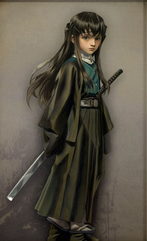 surrealistic, 8k, realistic photo, detail, 1912s,  youth, beautiful eyes, sword at waist, beautiful boy with long hair, swordsman, old portrait photo from 1912s, Demon Slayer, Muitiro Tokitou , samurai, 1912s Japanese background, cinematic,