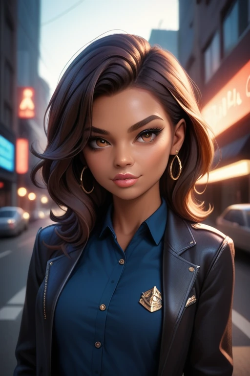 Tall hispanic woman with expressive hazel eyes and long wavy dark brown hair; warm olive skin; hourglass build; (soft face with full lips); ample bosom; best quality; trending on artstation; dark room with complex volumetric lighting; strong shadows; artistic lighting; dynamic; energetic vibe; realistic skin; specular highlights; micro-textures; highly detailed hair;  on an outdoor asphalt court, surrounded by urban sprawl with lots of futuristic highrise buildings dystopia; megalopolis