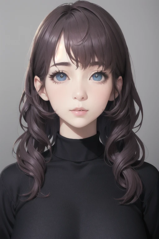 girl,Character design sheet,Beautiful attention to detail,Beautiful lip detail,Very detailed目と顔,Long eyelashes,Realistic,photoRealistic:1.37,Very detailed,Professional,Vibrant colors,Portraiture,Studio Lighting,Sharp focus,Physically Based Rendering,High resolution,超High resolution. blue eyes,Big eyes， Long Hair，Curly hair、Black Hair，Red cheeks，Droopy eyes，slender，Long sleeves，black turtleneck，pants，