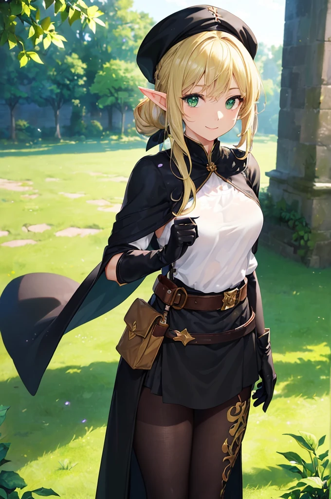 (((masterpiece; best quality: 1.2))), (finely detailed eyes: 1.3), (25 year old elf woman), (solo), (green eyes: 1.4), (body; buxom, fit, femenine: 1.3), (silky blonde hair in low ponytail: 1.3), (beautiful and clear background: 1.2), ((depth of field)), (equipment: adventurer attire + modest + hat + black tunic + black cape + black long skirt + gloves + belt + pouches: 1.3), (anime illustration: 1.2), (background composition; royal garden: 1.1), (extremely fine and beautiful: 1.1), (shot composition; standing + centered on torso + close-up: 1.5), (expression; calm, smile: 1.2)