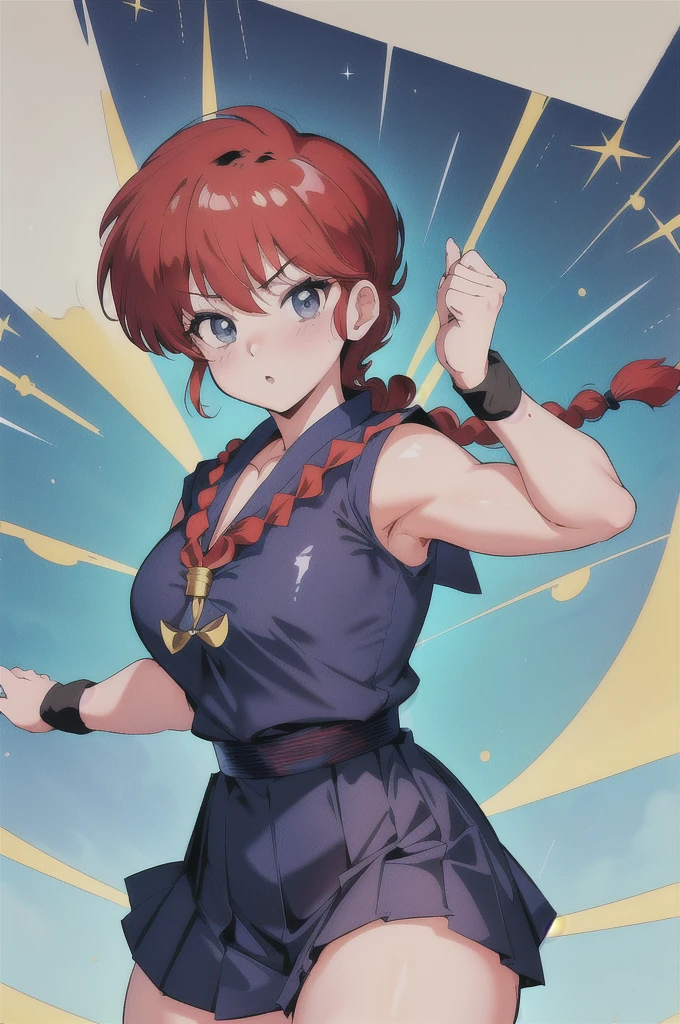 Ranma-chan, Are standing, alone, big_chest, single_Braiding, Ranma Redshirt, masterpiece, Highest quality, Detailed face, Detailed eyes, High resolution,short sleeves navy かわいい sailor suit, Navy pleated mini skirt, Navy sailor collar, Blue Sailor Scarf)), ((((masterpiece)))), expensive quality, very_expensive_solve, big_file size, Full Color, Thick outline, Clear contours, colorful, (Beautiful fine details), (Beautiful Face:1.3), Boyish face, 1 girl, (Ranma the Girl), (Redhead), short hair, (Braidingポニーテール), ((bangs)), bumpy bangs, Blue-gray eyes, Curvy, Completely naked, Black Wristband