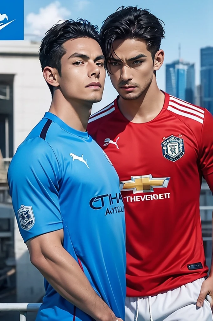 {{{Manchester United}}}, light, {{nike red soccer jersey}}, {{{best quality}}}, {{{realistic}}}, Detailed facial description, realistic 눈동자, {{2 handsome men}}, realistic 유니폼 주름, well proportioned, {{{Manchester City}}}, {{{puma light blue soccer jersey}}}, {{{back to back}}}, {{{soccer stadium}}}, football
