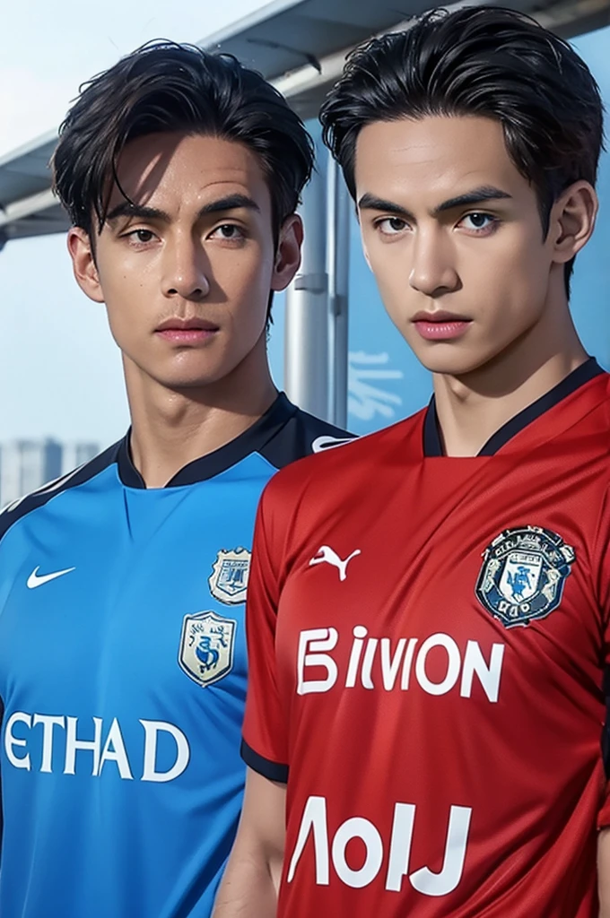 {{{Manchester United}}}, light, {{nike red soccer jersey}}, {{{best quality}}}, {{{realistic}}}, Detailed facial description, realistic 눈동자, {{2 handsome men}}, realistic 유니폼 주름, well proportioned, {{{Manchester City}}}, {{{puma light blue soccer jersey}}}, {{{back to back}}}, {{{soccer stadium}}}, football