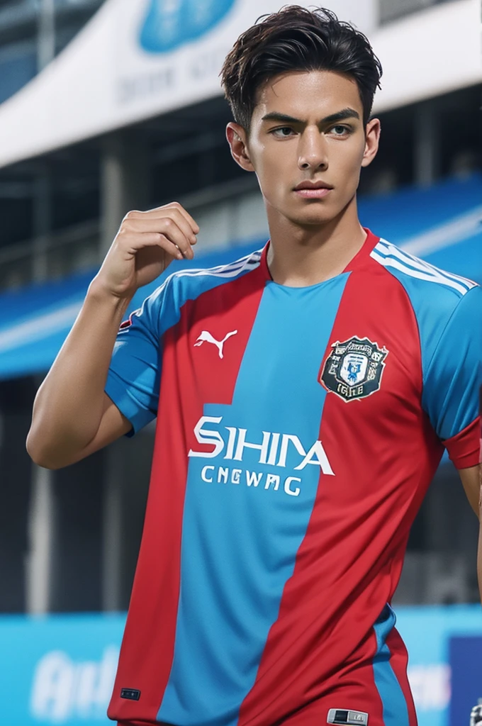 {{{Manchester United}}}, light, {{nike red soccer jersey}}, {{{best quality}}}, {{{realistic}}}, Detailed facial description, realistic 눈동자, {{2 handsome men}}, realistic 유니폼 주름, well proportioned, {{{Manchester City}}}, {{{puma light blue soccer jersey}}}, {{{back to back}}}, {{{soccer stadium}}}, football