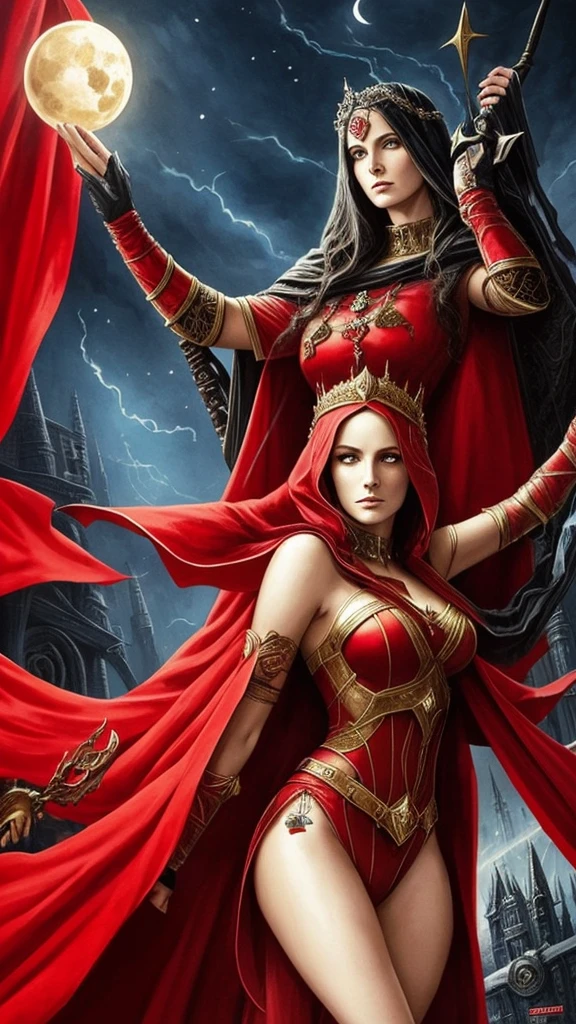 a poster of a woman in a red cloak and a red cape, goddess of death, by Jorge Jacinto, by Santiago Martínez Delgado, queen of death, saturno butto. occult art, tarot card goddess of death, by José Comas Quesada, martin ansin, by Emiliano Di Cavalcanti, persephone as goddess of death