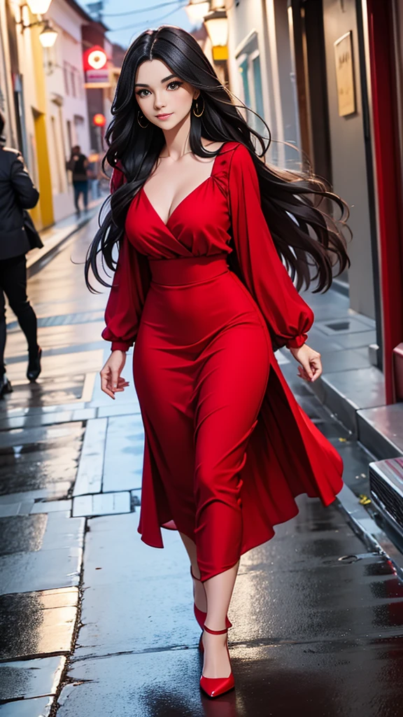 Beautiful black-haired girl with brown eyes and long hair wearing sexy red dress walking through the streets of Quito at night