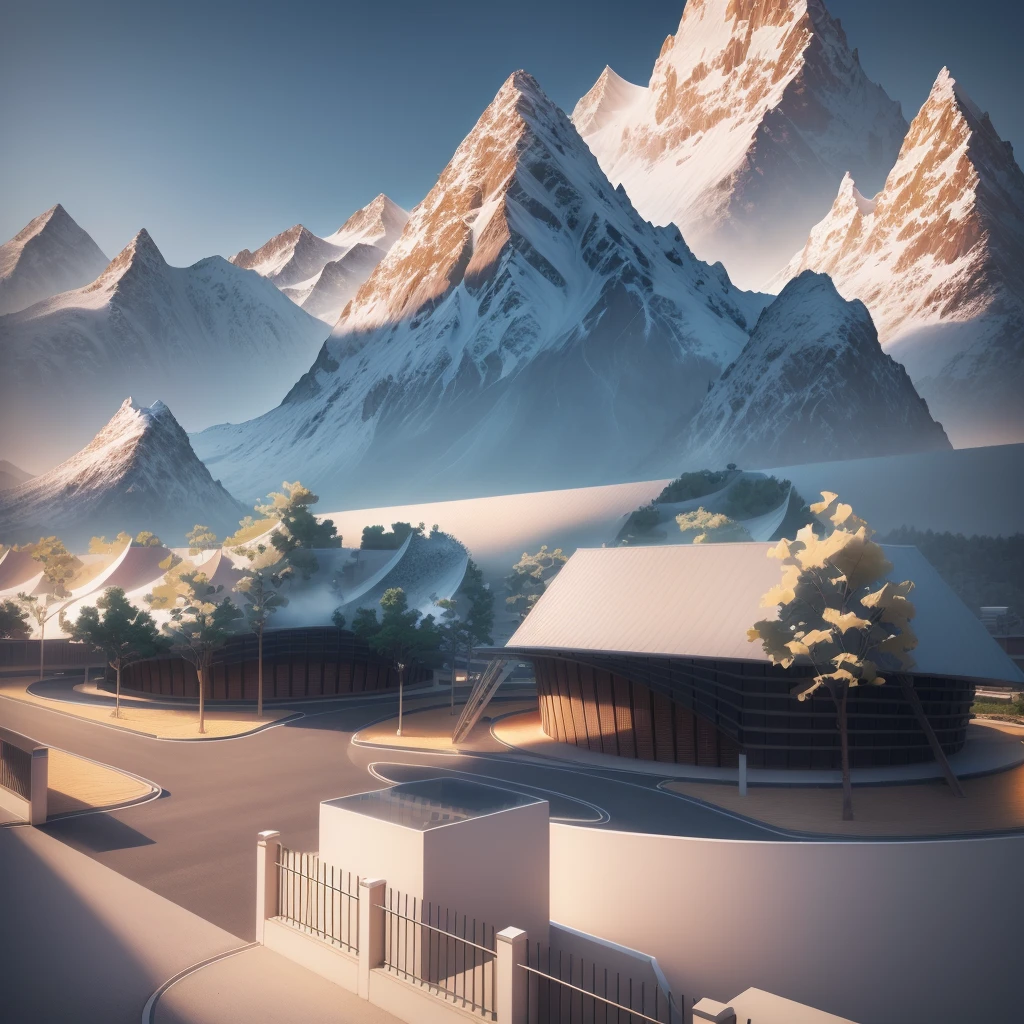 the buildings with a curved roof and a curved walkway like mountain ranges with valleys and a lot of trees, exhibition square, detailed rendering, elevation view, side perspective, beautiful landscape, stone pavement, cars, RAW photo, 8k uhd, dslr, soft lighting, high quality, film grain, Fujifilm XT3,masterpiece,