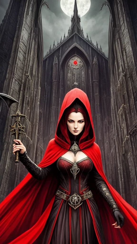 a poster of a woman in a red cloak and a red cape, poster art by Jorge Jacinto, Artstation, gothic art, goddess of death, queen of death, saturno butto. occult art, tarot card goddess of death, martin ansin, persephone as goddess of death, in style of dark fantasy art, goddess of death in a graveyard