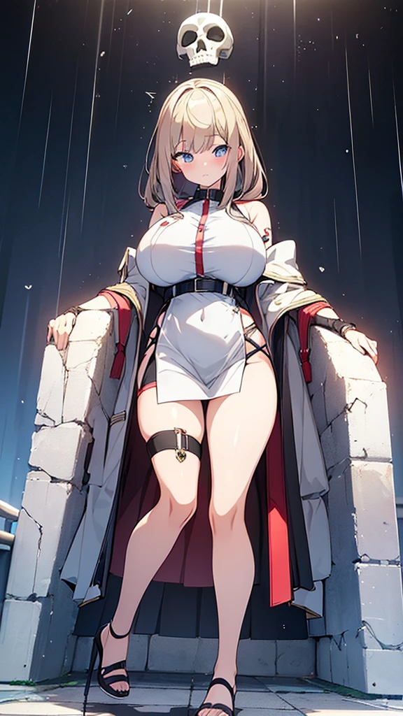 Full body image, フロント, One girl, 18-year-old, Mix 4, (32k, RAW Photos, Highest quality, masterpiece:1.2), (Anime-like, photoAnime-like:1.37), cute, ミニスカートのドレス, night, rain, Humidity, Professional Lighting, Photon Mapping, Radio City, Physically Based Rendering, Super Resolution, (Big Breasts:1.2), {{The biological weapon that had preyed on the younger sister took her place and reunited with the older brother.}}, Girl Skull, whole body, NSFW