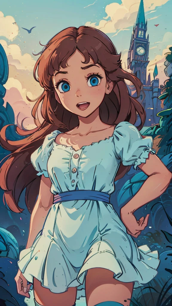 (Dominican: Caribbean:1girl: Wendy Darling,Superhero), (extremely detailed CG unit 8k wallpaper),(master part), (best quality), (ultra detali), (best illustration),(melhor ombre), cowboy shot, (Sharp eyeliner, ombre, detailedeyes:1), Disney Castle background, ,break , (star15escola:1.2), hair ornament,long hair ,light brown hair, Cameltoe