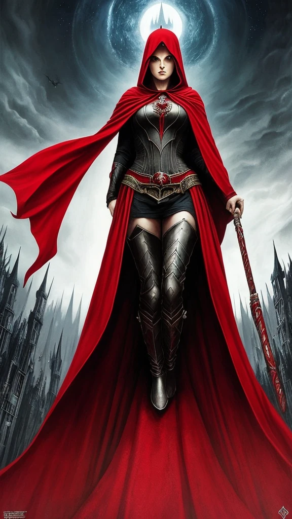 a poster of a woman in a red cloak and a red cape, poster art by Jorge Jacinto, Artstation, gothic art, goddess of death, queen of death, saturno butto. occult art, tarot card goddess of death, martin ansin, persephone as goddess of death, in style of dark fantasy art, goddess of death in a graveyard
