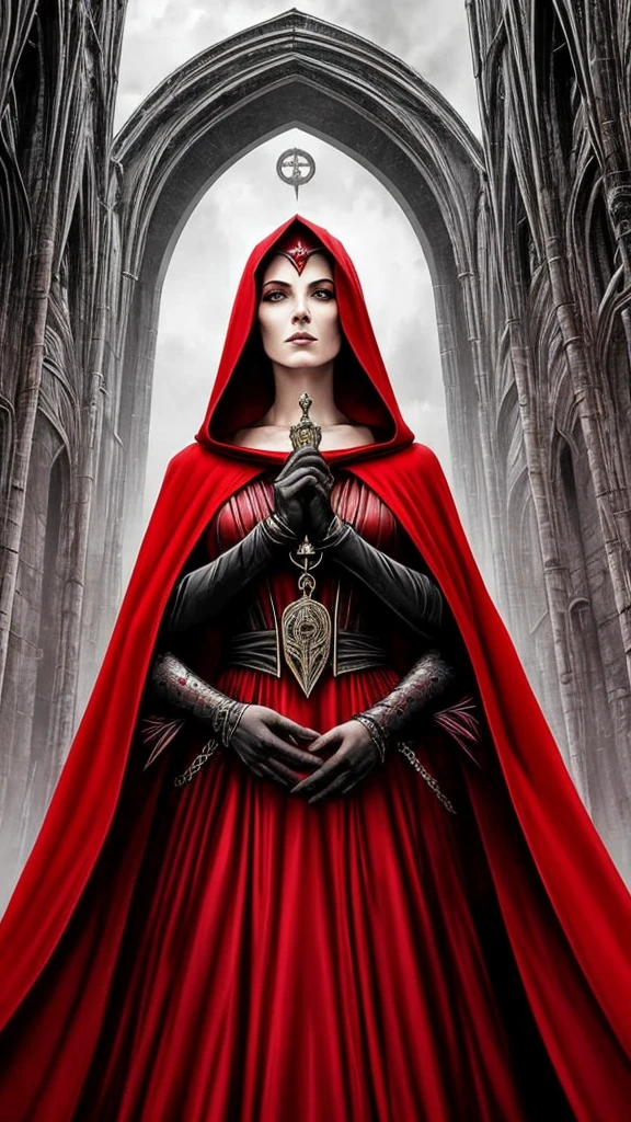 a poster of a woman in a red cloak and a red cape, poster art by Jorge Jacinto, Artstation, gothic art, goddess of death, queen of death, saturno butto. occult art, tarot card goddess of death, martin ansin, persephone as goddess of death, in style of dark fantasy art, goddess of death in a graveyard