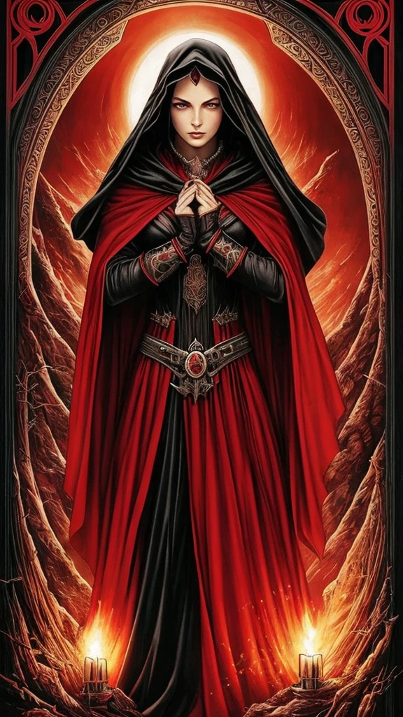 a poster of a woman in a red cloak and a red cape, poster art by Jorge Jacinto, Artstation, gothic art, goddess of death, queen of death, saturno butto. occult art, tarot card goddess of death, martin ansin, persephone as goddess of death, in style of dark fantasy art, goddess of death in a graveyard