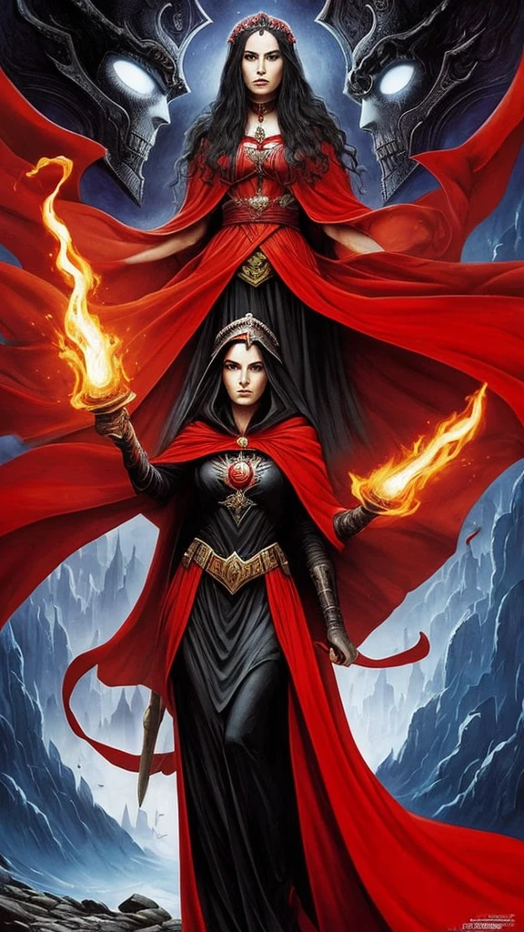 a poster of a woman in a red cloak and a red cape, goddess of death, by Jorge Jacinto, by Santiago Martínez Delgado, queen of death, saturno butto. occult art, tarot card goddess of death, by José Comas Quesada, martin ansin, by Emiliano Di Cavalcanti, persephone as goddess of death