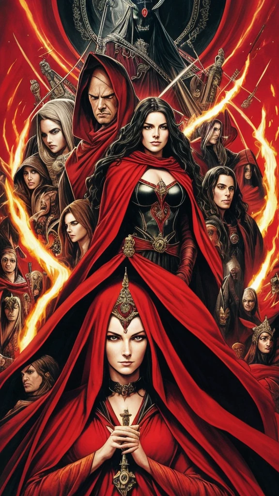 a poster of a woman in a red cloak and a red cape, goddess of death, by Jorge Jacinto, by Santiago Martínez Delgado, queen of death, saturno butto. occult art, tarot card goddess of death, by José Comas Quesada, martin ansin, by Emiliano Di Cavalcanti, persephone as goddess of death