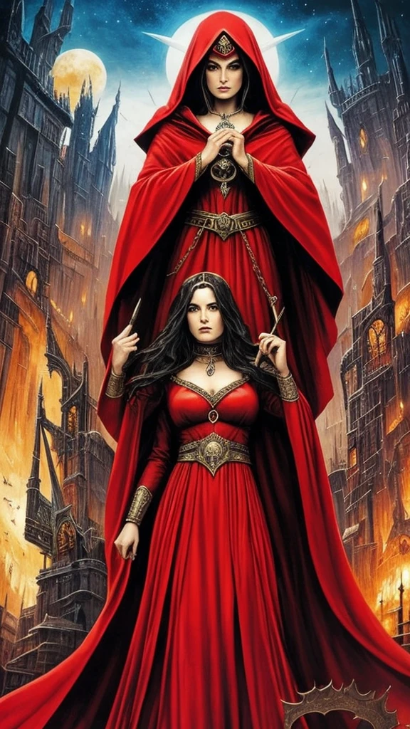 a poster of a woman in a red cloak and a red cape, goddess of death, by Jorge Jacinto, by Santiago Martínez Delgado, queen of death, saturno butto. occult art, tarot card goddess of death, by José Comas Quesada, martin ansin, by Emiliano Di Cavalcanti, persephone as goddess of death