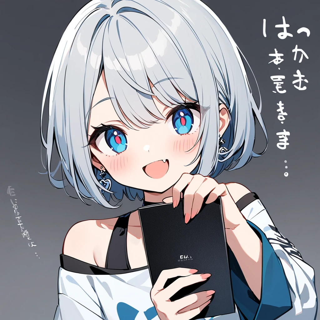 One girl,alone,白 hair,short hair,青 eyes,Silver earrings,Blue hairpin,black ,Gray background,I love the style,oversized shirt, shirt, Off the shoulder,mesugaki, smile, View your viewers, Sharp Eyey eyes are about to be covered ,holding,blush, Raise your hand, Leather Fang, ,Style 5,