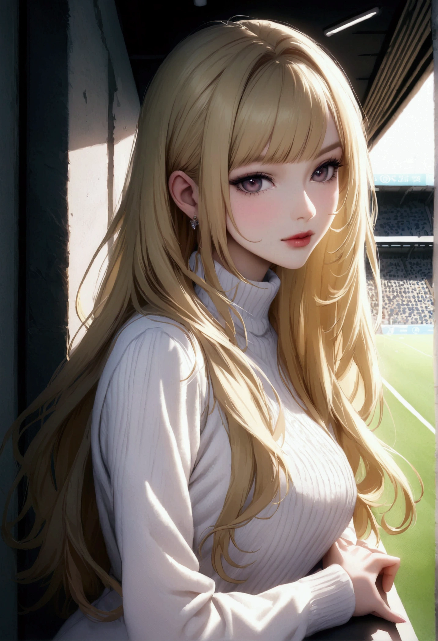 blond hair woman with long hair leaning against a wall in a white sweater, digital art inspired by Károly Lotz, Trends in CG society, digital art, belle fille blond hair, belle femme blond hair, blond hair, Femme blond hair, photo d'Pretty Woman, beautiful soft lighting, beautiful soft lighting, 흰 dressed up, beautiful woman in white clothes, dressed up'white shirt , In the football stadium