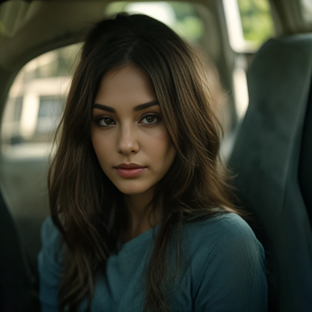Her skin has a smooth and clear complexion, ranging approximately 70% fair to 30% olive tones. High cheekbones grace her face, creating a distinctive contour. Her nose is about 60% straight with a 40% gently aquiline shape, framing full lips that exude natural allure. Her almond-shaped eyes are predominantly 70% colored in shades of blue, green, or brown. Cascading hair, either straight or softly wavy, flows in shades ranging 50% from blonde to 50% dark brown, occasionally highlighted to enhance its natural vibrancy. in car