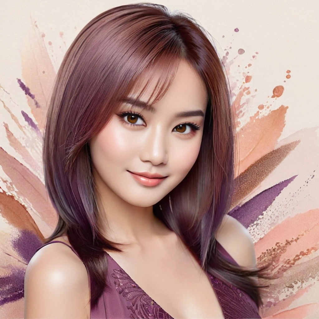 masterpiece, realistic, highly detailed, beautiful, a cute young indonesian woman, sleek straight hair, short bob haircut, purpled salmon haircolor, light makeup, brown eyes. detailed on the face and eye. elegant pose. charming and calming look. smiling slightly. blurred intricate abstract background.