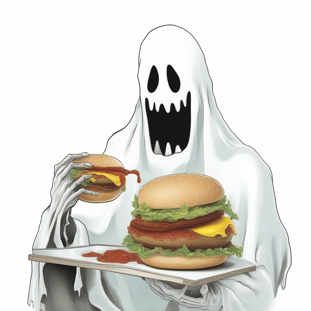 Ghost eating hamburger with white background