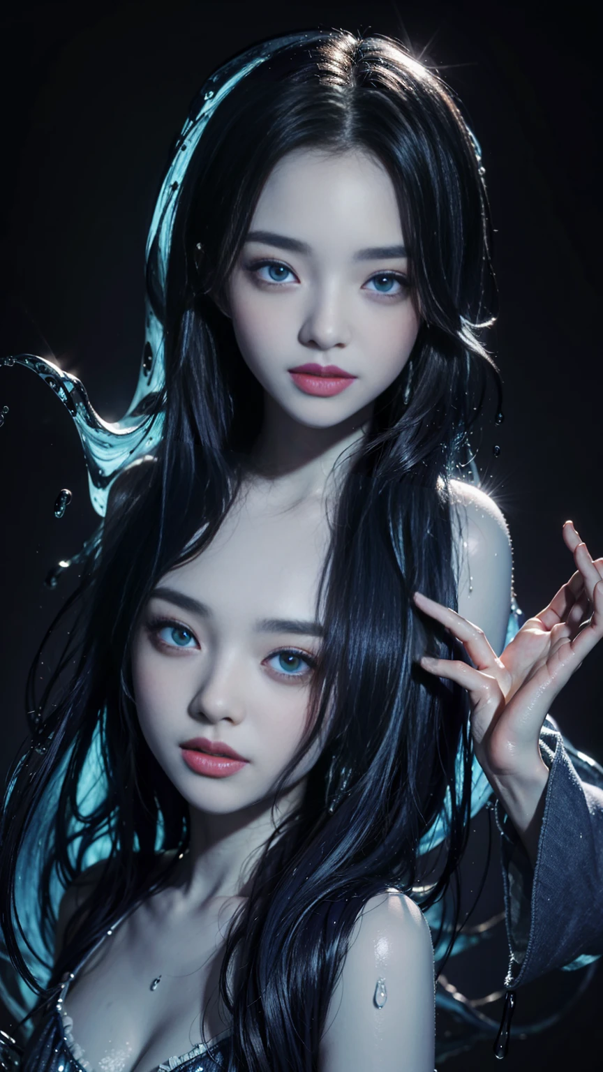 (masterpiece,Highest quality:1.4),(8k,RAW Photos,Photorealistic:1.2),Glowing Skin,Detailed skin,Detailed face,Detailed eyes, One girl,View your viewers,Japanese Idols,Very beautiful face, (smile), Liquid Hair, Liquid Hair, Blue mucus floating, Slime Girl, Covered in blue slime, (Partially transparent), (Wet), (Blue Sweat), Blue liquid dripping from her body. Her hair is also Covered in blue slime. Blue slime scattered, Blue Hair, blue eyes