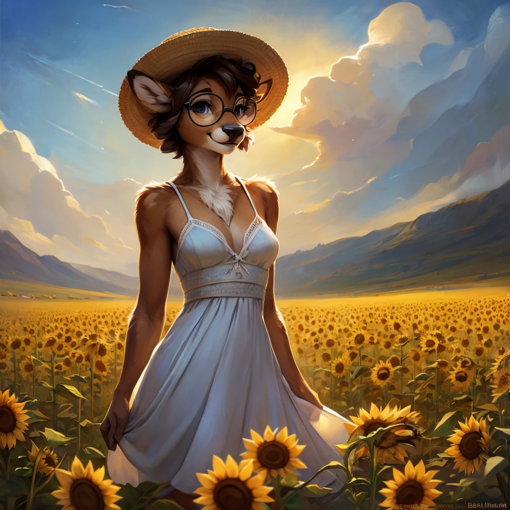 uploaded on e621, by Pixelsketcher, by Bayard Wu, by Thomas Benjamin Kennington , by Einshelm, by hioshiru and kenket, Chunie, portrait, solo anthro female deer doe, with small featureless breasts, clear dark blue, cinematic lighting, day, sunny day, sunflower field, stands in a high sunflower field, sunflower field background, sunflowers, mediterranean background, horizon background, shiny, short curly dark brown hair, wears big black nerd glasses, very very beautiful furry art, furry art, smiling, joyful, shiny, happy, feminine, cute face, muzzle, fluffy chest, flawless face, Fallow deer, 1girl, Sakimichan is beautiful, Masterpiece, Wavethesallow Face, shiny, Detailed image, portrait, Detailed image, portrait, full body, wearing pure white and wide spaghetti straps dress, wearing big and wide beige summer straw hat, shiny, realistic face, perfect anatomy, hourglass body, (furry body:1.1), anthropomorphic deer, looks at the viewer, small fluffy tail, detailed background, (cute anatomy:1.1)
