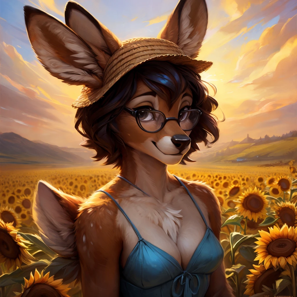 uploaded on e621, by Pixelsketcher, by Bayard Wu, by Thomas Benjamin Kennington , by Einshelm, by hioshiru and kenket, Chunie, portrait, solo anthro female deer doe, with small featureless breasts, clear dark blue, cinematic lighting, day, sunny day, sunflower field, stands in a high sunflower field, sunflower field background, sunflowers, mediterranean background, horizon background, shiny, short curly dark brown hair, wears big black nerd glasses, very very beautiful furry art, furry art, smiling, joyful, shiny, happy, feminine, cute face, muzzle, fluffy chest, flawless face, Fallow deer, 1girl, Sakimichan is beautiful, Masterpiece, Wavethesallow Face, shiny, Detailed image, portrait, Detailed image, portrait, full body, wearing pure white and wide spaghetti straps dress, wearing big and wide beige summer straw hat, shiny, realistic face, perfect anatomy, hourglass body, (furry body:1.1), anthropomorphic deer, looks at the viewer, small fluffy tail, detailed background, (cute anatomy:1.1)
