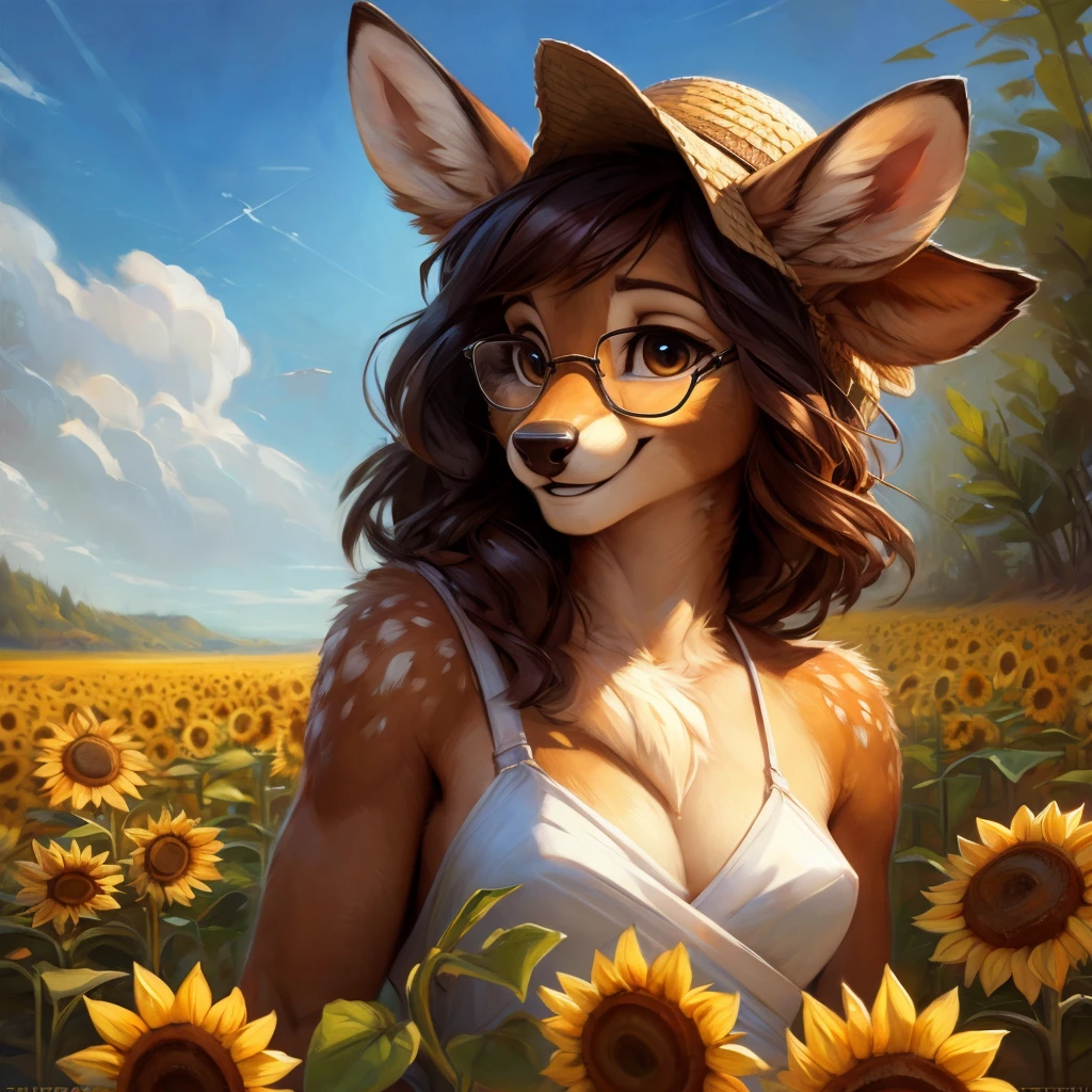 uploaded on e621, by Pixelsketcher, by Bayard Wu, by Thomas Benjamin Kennington , by Einshelm, by hioshiru and kenket, Chunie, portrait, solo anthro female deer doe, with small featureless breasts, clear dark blue, cinematic lighting, day, sunny day, sunflower field, stands in a high sunflower field, sunflower field background, sunflowers, mediterranean background, horizon background, shiny, short curly dark brown hair, wears big black nerd glasses, very very beautiful furry art, furry art, smiling, joyful, shiny, happy, feminine, cute face, muzzle, fluffy chest, flawless face, Fallow deer, 1girl, Sakimichan is beautiful, Masterpiece, Wavethesallow Face, shiny, Detailed image, portrait, Detailed image, portrait, full body, wearing pure white and wide spaghetti straps dress, wearing big and wide beige summer straw hat, shiny, realistic face, perfect anatomy, hourglass body, (furry body:1.1), anthropomorphic deer, looks at the viewer, small fluffy tail, detailed background, (cute anatomy:1.1)
